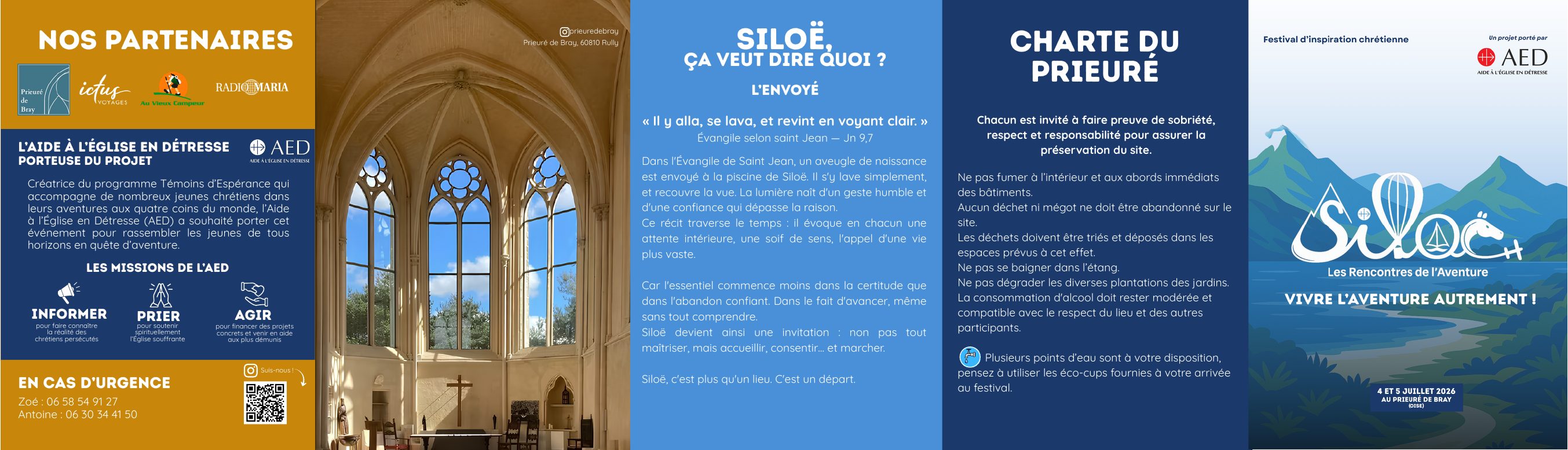 Dépliant Siloë — page 1 : présentation, « Siloë ça veut dire quoi ? » et charte du Prieuré